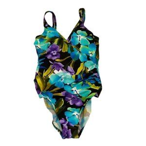 NWOT Slim Shaper Tropical Floral One Piece Swimsuit‎ Slimming Ruching Missy 14